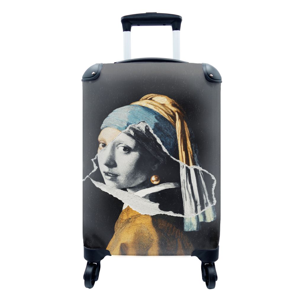 MuchoWow Koffer Handgepäck Trolley Rollkoffer Kleine Reisekoffer mit 4 Rollen - Mädchen mit Perlenohrring - Gold - Schwarz - Weiß - Cabin Size...