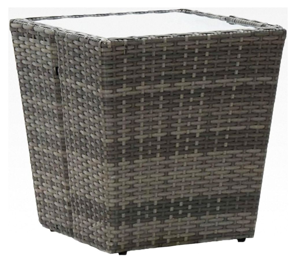 Quadratischer Beistelltisch für Balkon, Garten, Terrasse, Außenbereich, Grau, 41,5 x 41,5 x 43 cm, Polyrattan und Hartglas