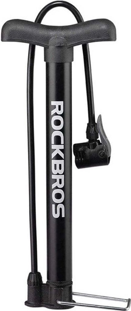 A black bicycle hand pump with a T-shaped handle and a flexible hose with a nozzle attachment.