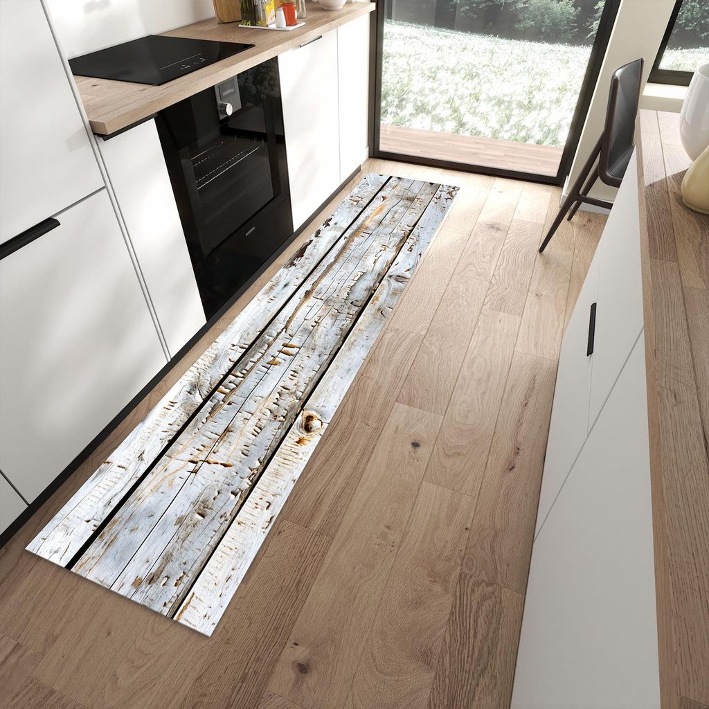 Küchenteppich 60x270cm rutschfest & abwischbar PVC Läufer - Holzbretter von Verwitterte