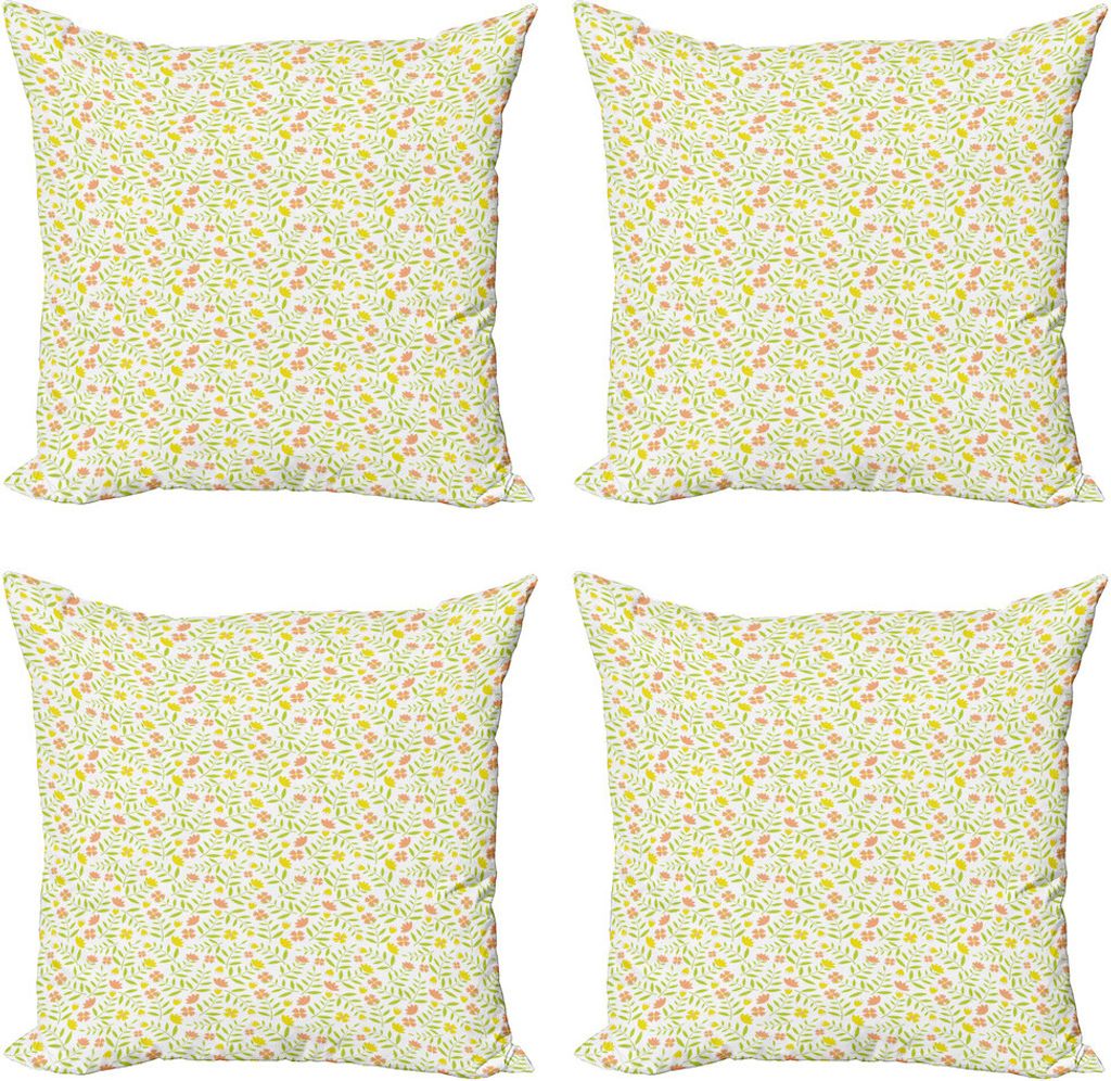 ABAKUHAUS Abstrakt Kissenbezug Set (4 Stück), Tiny Twiggy Tulip Blumen, Moderner Doppelseitiger Digitaldruck, 45 cm x 45 cm, Gelb Grün Lachs