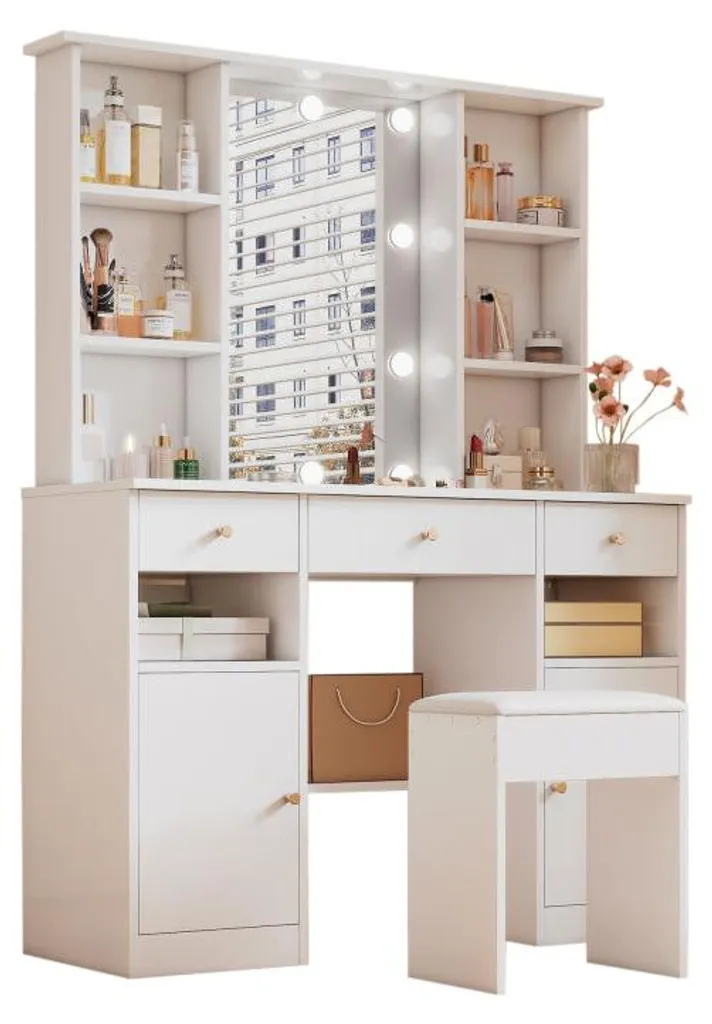 Grande coiffeuse blanche avec éclairage LED réglable et large miroir