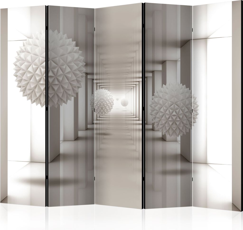A room divider with a 3D geometric pattern and a hallway perspective.