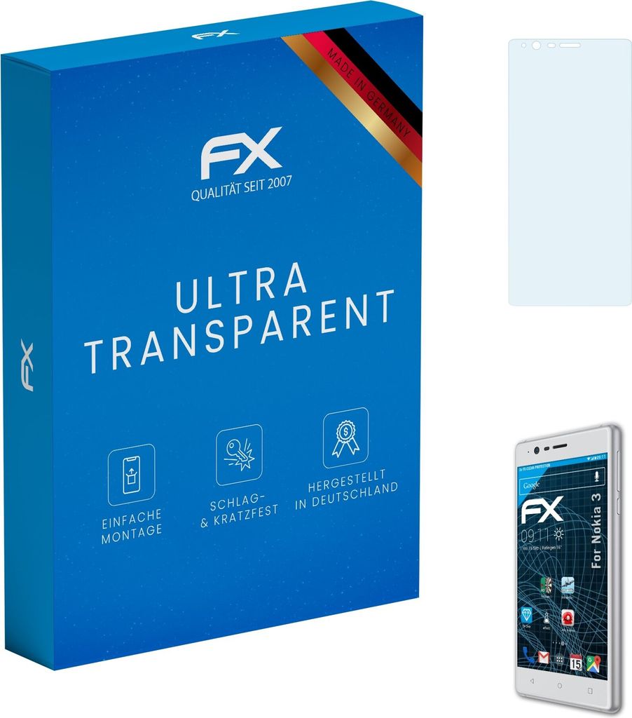 atFoliX FX-Clear 3x Schutzfolie kompatibel mit Nokia 3 Displayschutzfolie