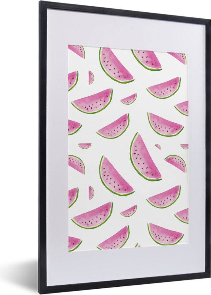 MuchoWow Gerahmtes Poster Wassermelone - Rosa - Schablonen 40x60 cm - Poster mit Schwarzem Bilderrahmen Wandposter Rahmen Foto Bilder - Poster in...