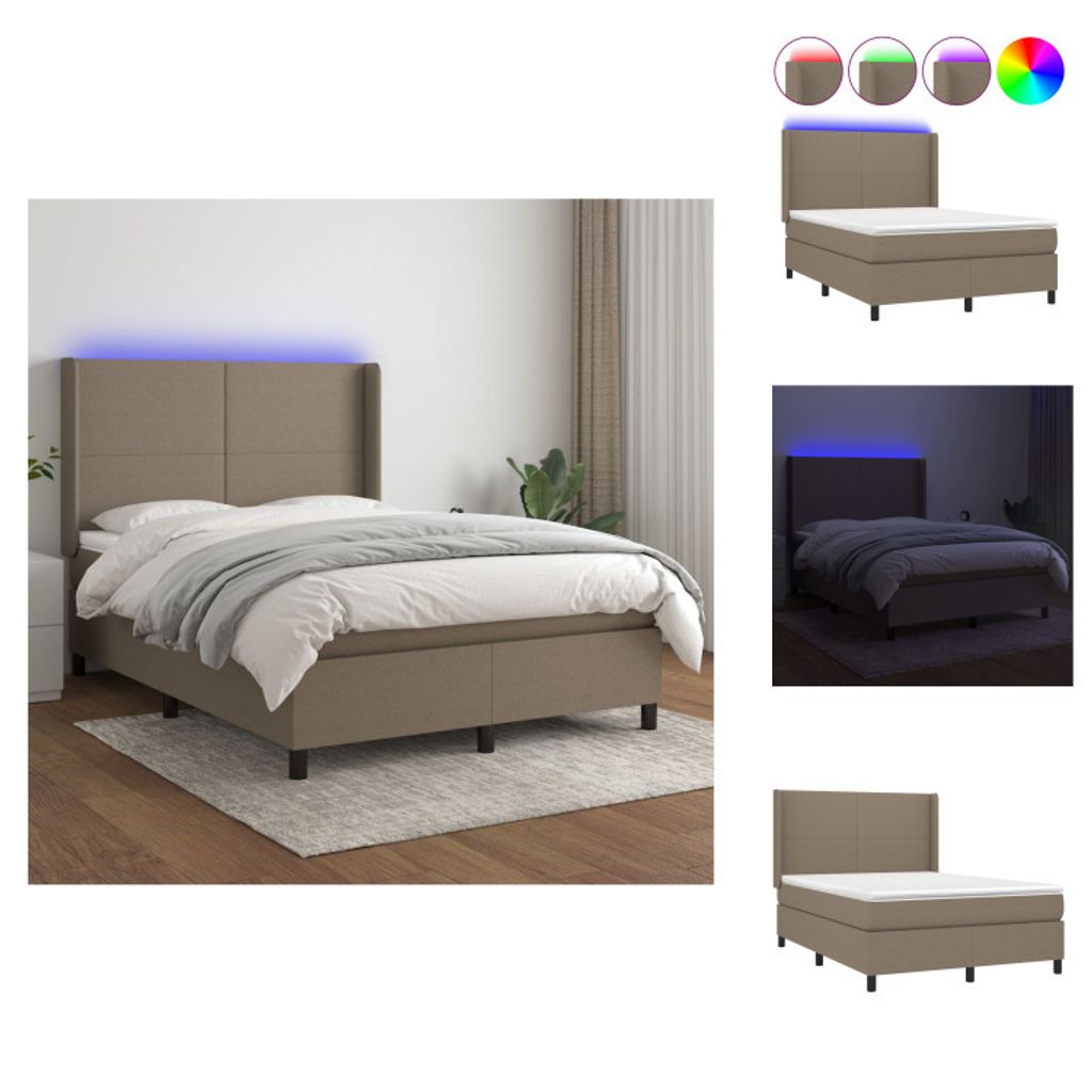 vidaXL Boxspringbett mit Matratze & LED Taupe 140x200 cm Stoff - Betten & Bettgestelle