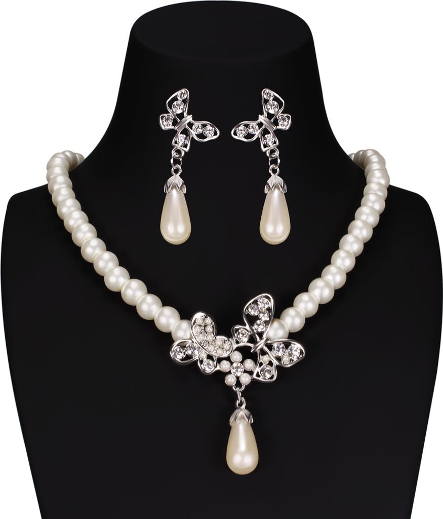 Brautschmuck Schmuckset Perlen Collier Kette Ohrringe Kristall Schmetterling Hochzeit Tropfen