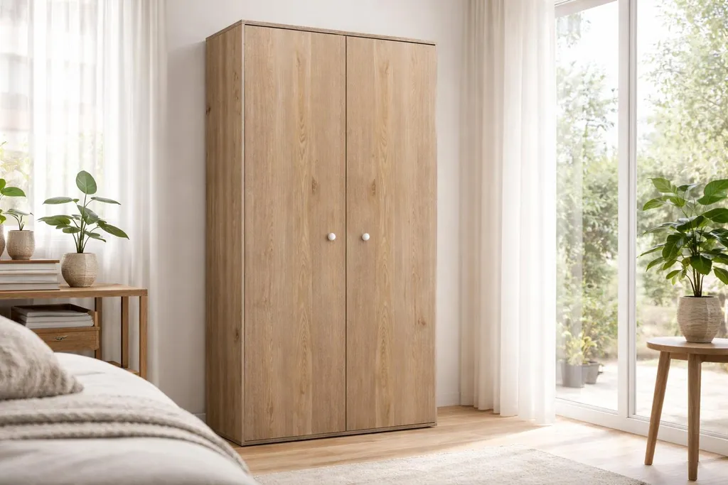 Armoire Merida : fini le désordre avec 2 tringles et décor chêne