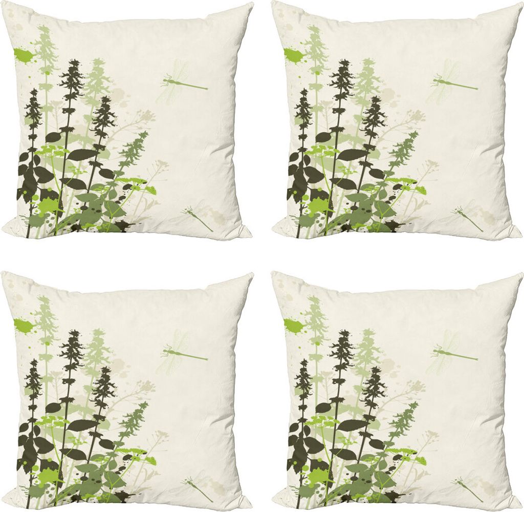 ABAKUHAUS Libelle Kissenbezug Set (4 Stück), Wildblumen-Wiese, Moderner Doppelseitiger Digitaldruck, 40 cm x 40 cm, Hellgrün Creme