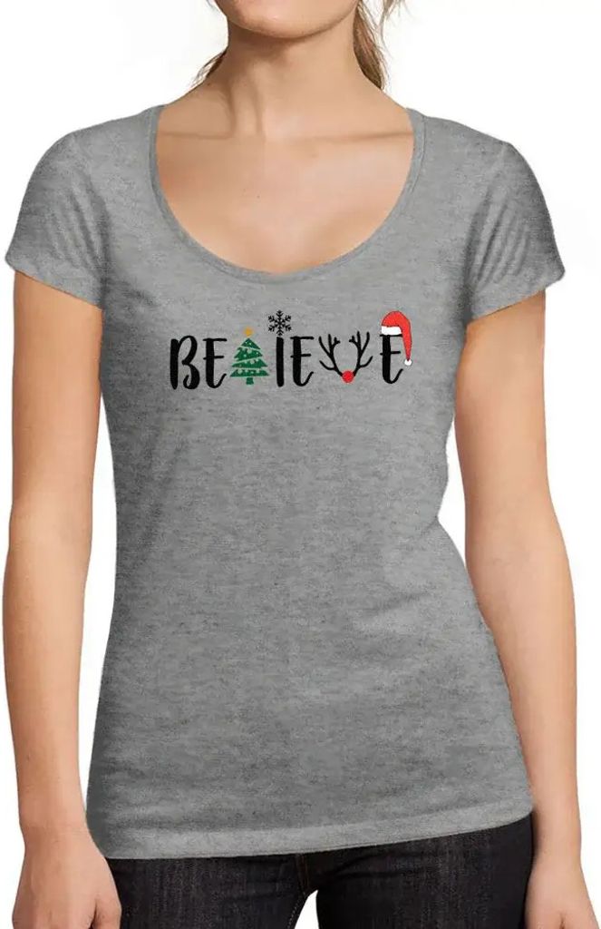Damen Grafik T-Shirt Weihnachten glauben Baum xmas – Christmas Believe Tree Xmas – Öko-Verantwortlich Vintage Jahrgang Kurzarm Lustige Druck