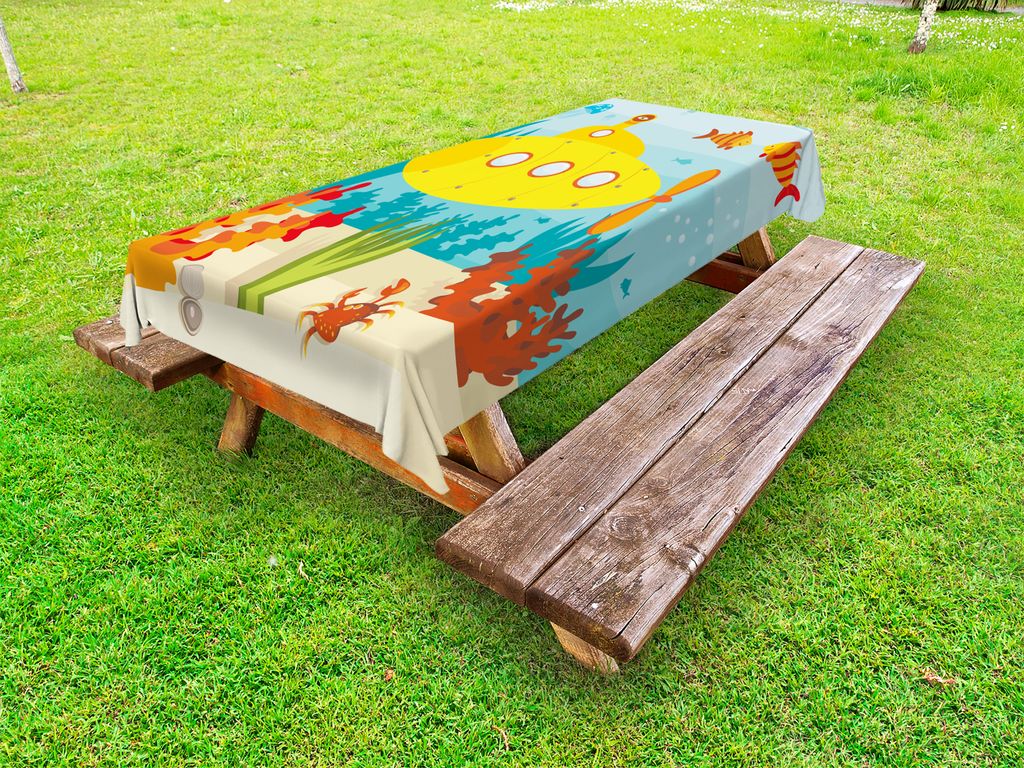 ABAKUHAUS Gelbes U-Boot Tischdecke Outdoor, Seeleben-Thema mit Unterwasserfischen und einem Krabben-Illustrations-Druck, Gelb Hellblau, 145x265cm