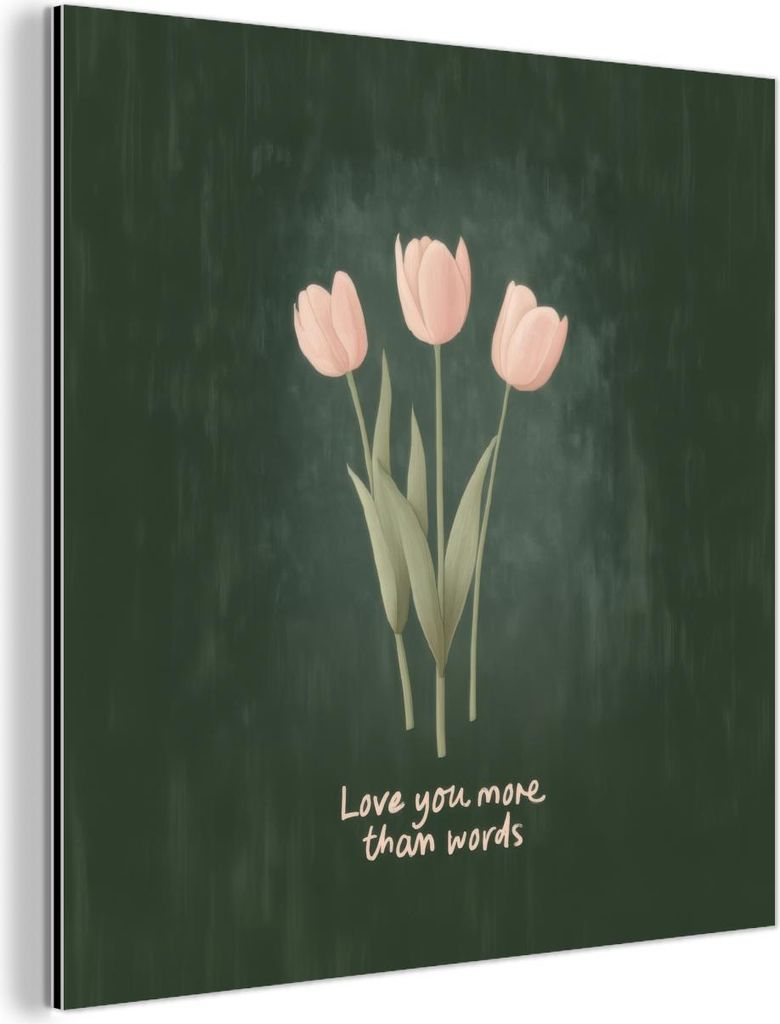 MuchoWow Wanddekoration Metall Metallbild Wandkunst 20x20 cm Tulpen - Rosa - Text - Liebe MuchoWow Aluminium Gemälde - Alu Dibond Bilder