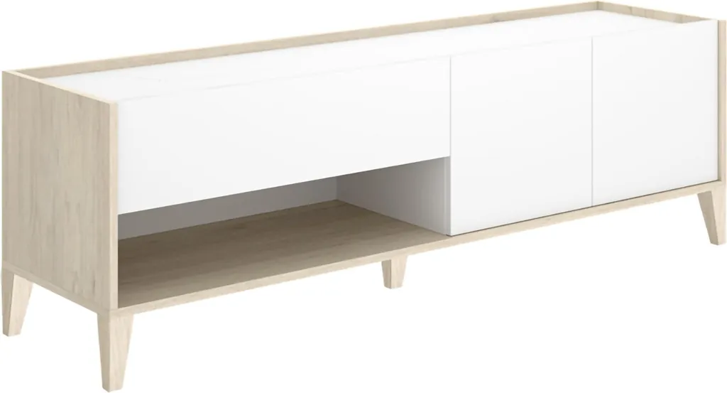 Banc TV blanc modulable et extensible avec rangements ouverts