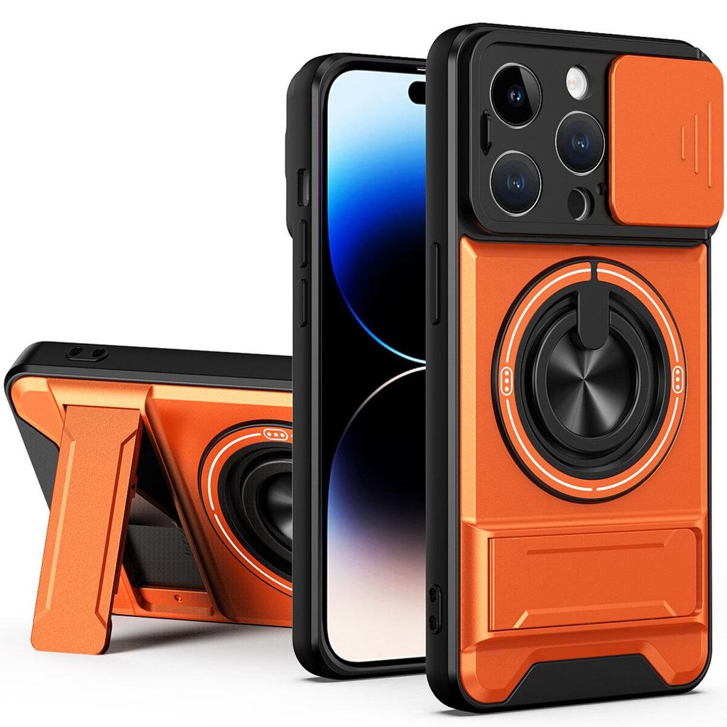 Magnetisch Hülle für iPhone 14 Pro Militär Stoßfest Hülle mit Dia Kameraschutz und Ringhalter Ständer Orange