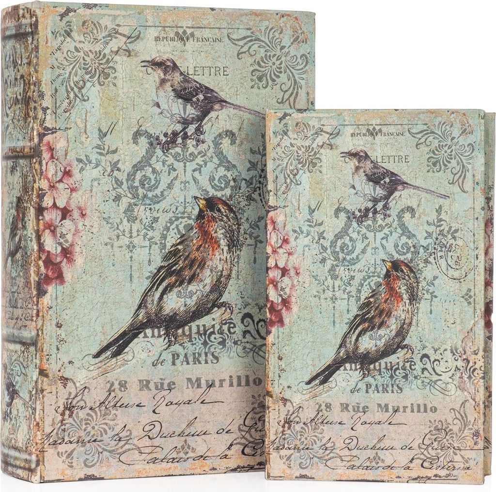 Buchhüllen Set mit Vögeln & Vintage Briefmotiv - Dekorative Bücherboxen für stilvolle Aufbewahrung - Geheimversteck für Schmuck & Kleinigkeite...