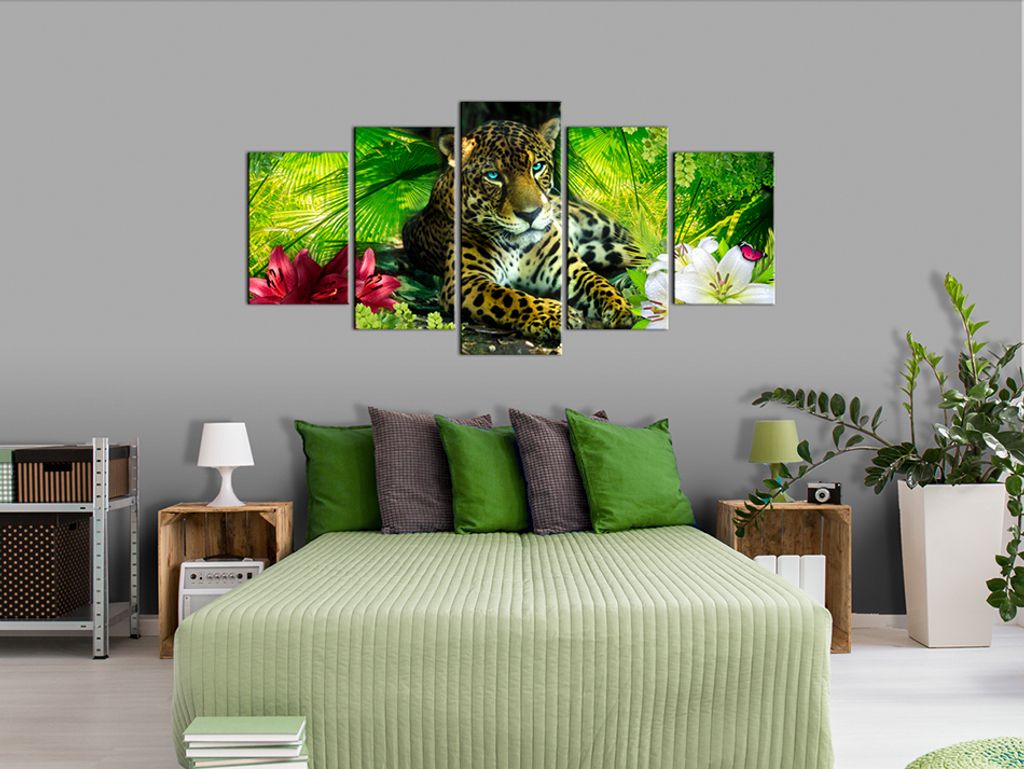 Akustikbild Tier Jaguar 200x100 cm 5-teilige Bilder Akustikschaum Hochleistungsschallabsorber Schallschutz Leinwand 5 tlg Wandbild Raumakustik Scha...