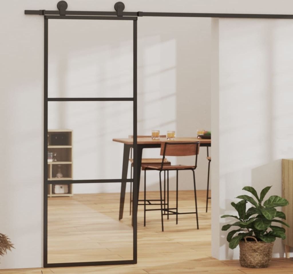The Living Store Schiebetür ESG-Glas und Aluminium 76x205 cm Schwarz