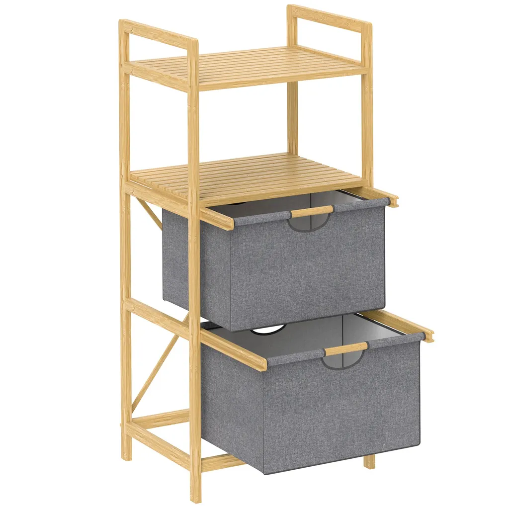 Meuble de Tri Linge Double en Bambou Naturel avec Étagères de Rangement
