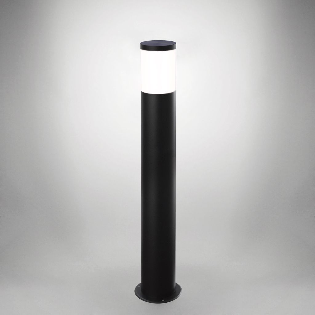 A black outdoor bollard light with a white illuminated top, set against a light gray background.