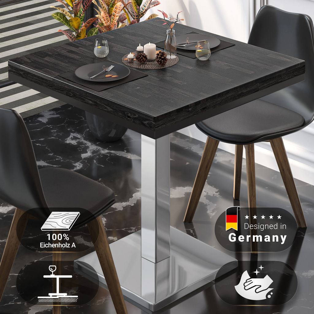MM | Bistro Massiv Tisch | Quadratisch | 60 x 60 x 77 cm | Wenge Schwarz / Edelstahl | Bistrotisch Gastro Tisch