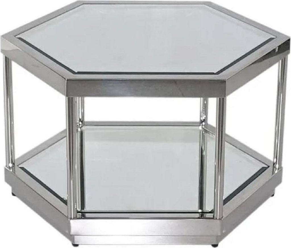 Casa Padrino Luxus Couchtisch Silber 60 x 52 x H. 36 cm - 6 eckiger Metall Wohnzimmertisch mit Glasplatten - Wohnzimmer Möbel - Luxus Möbel