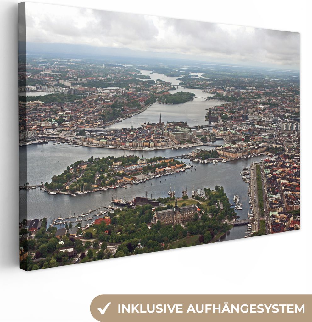 OneMillionCanvasses - Leinwandbilder - 140x90 cm, Stockholm aus der Luft in Schweden, Wandbilder Kunstdruck Wanddekoration