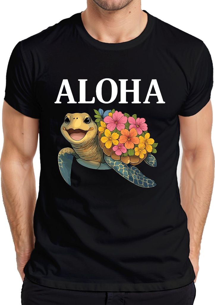 ALOHA Meeresschildkröte mit Blumen Hawaii Tropisch Sommer Strand Herren T-Shirt, Schwarz, L