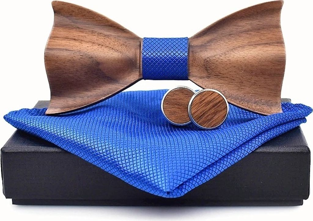 Elegante Luxus Holzfliege Set – Blau mit Manschettenknöpfen und Taschentuch KP30928