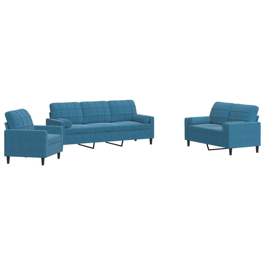 Design 3-tlg. Sofagarnitur mit Kissen und Nackenrollen Blau Samt, Schlafsofas 2024 Neu
