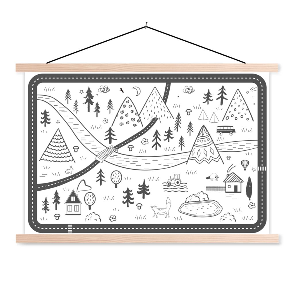 MuchoWow Textilposter Zeichnung - Berge - Kinder - Illustration 120x80 cm mit holzfarbenen Rahmen - Aufhängeset