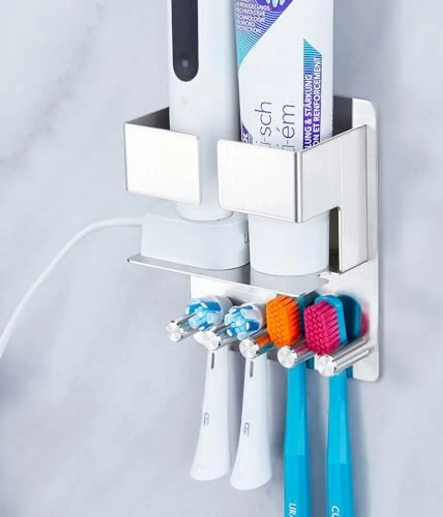 Portaspazzolino da parete, supporto, elettrico senza fori, dispenser di dentifricio in acciaio inox testa