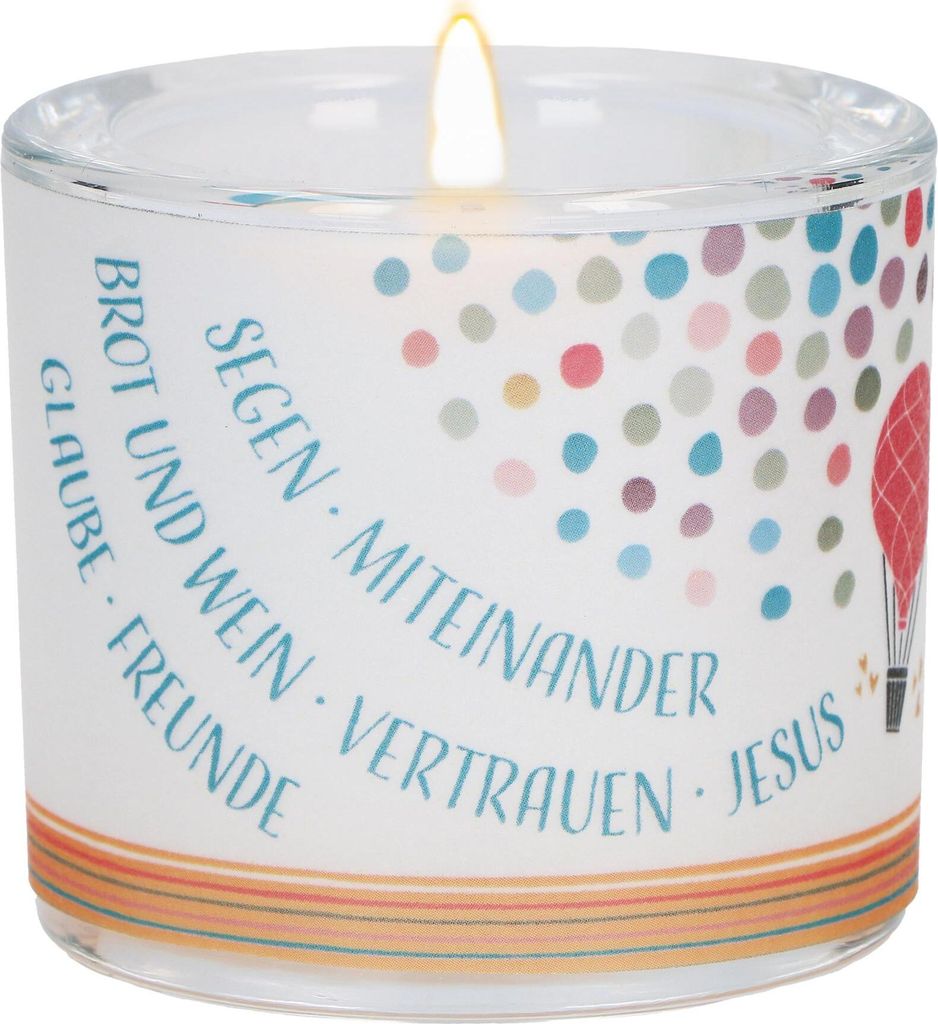 Modernes Windlicht aus mundgeblasenem Glas 6,5x6 cm mit Heißluftballon Motiv für Erstkommunion