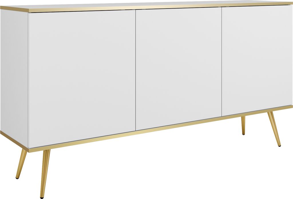 A white sideboard with gold legs and trim against a white background.
