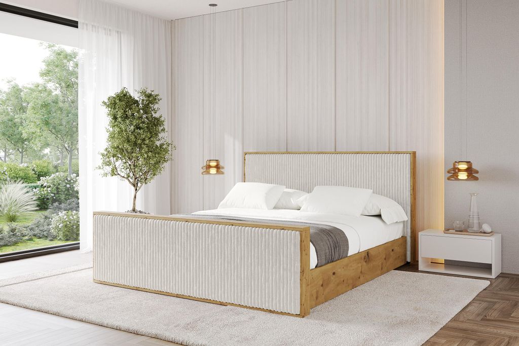 ALTDECOR Polsterbett mit Bettkasten -ENZO10-Z 200x200 Creme, Lattenrost Boxbett mit Kopfteil und Stauraum Doppelbett ohne Matratze