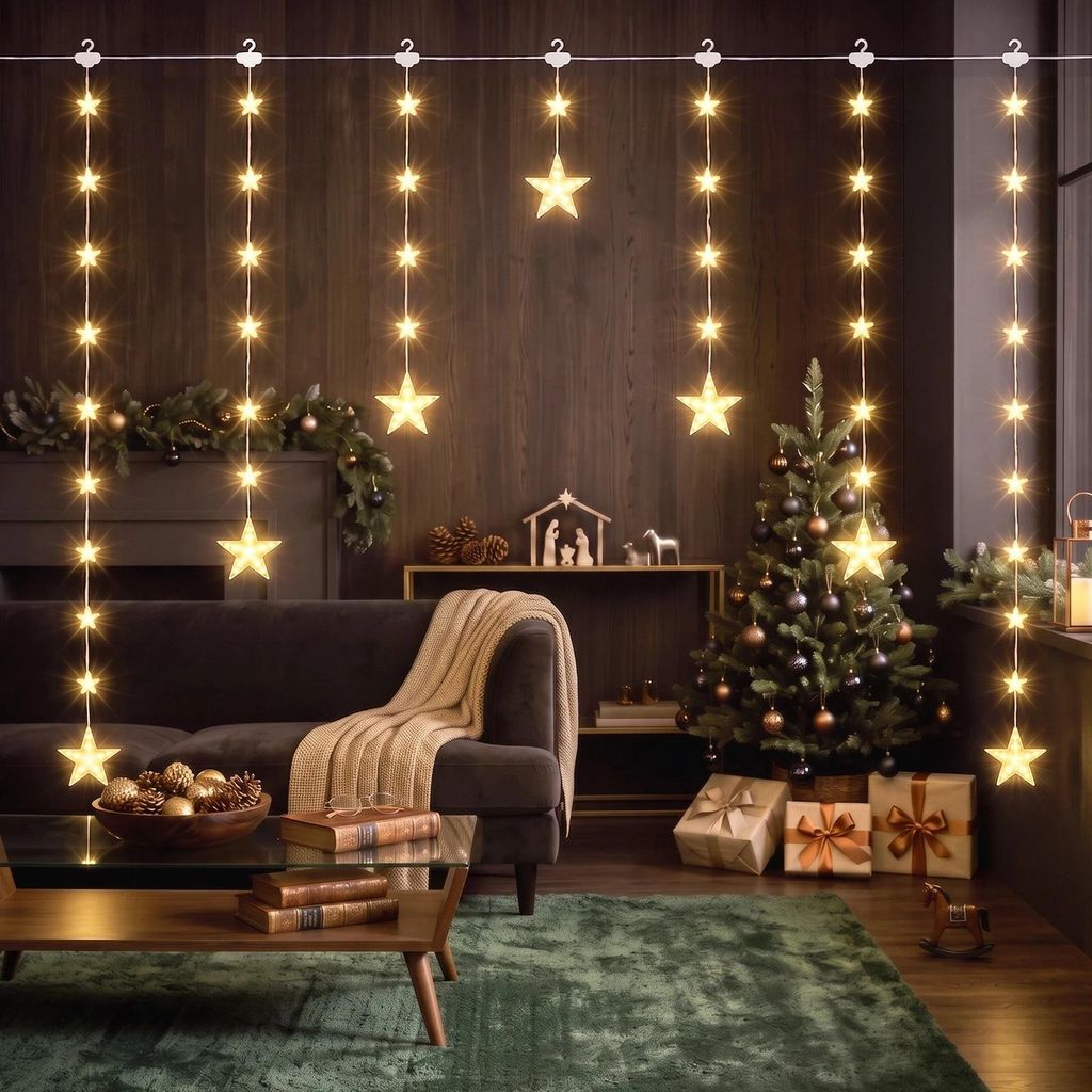 LED Lichtervorhang Sterne Weihnachtsbeleuchtung Warmweiß Produktbild 