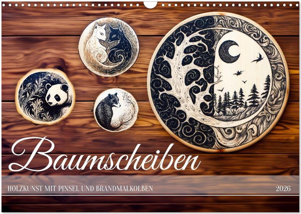 Baumscheiben - Holzkunst mit Pinsel und Brandmalkolben (Wandkalender 2026 DIN A3 quer), CALVENDO Monatskalender