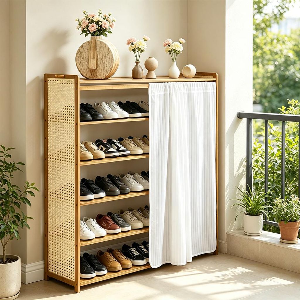 Schuhregal aus Holz mit Türvorhang,Eckschuhregal,Vertikaler Produktbild 