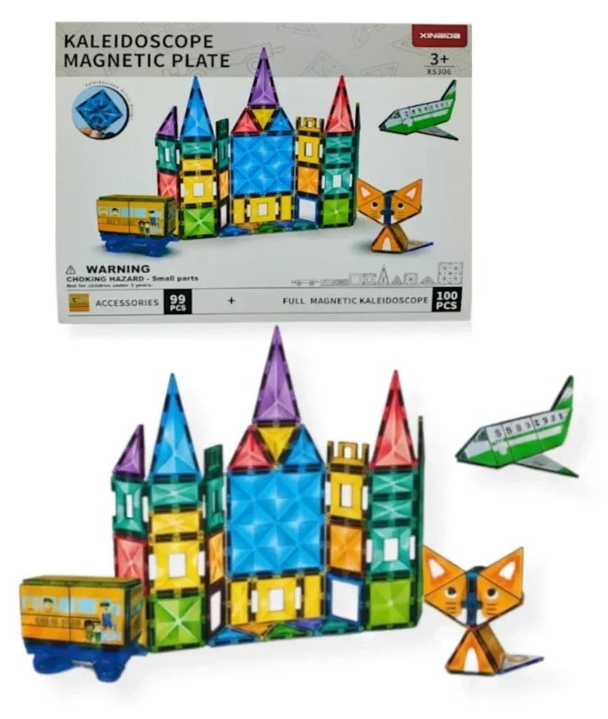 X-Bida Magnetische Bausteine Kaleidoskop – 199 Teile transparent (100 magnetische Platten in 7 Farben, 99 Zubehörteile, 2 Fahrgestelle mit Räde...