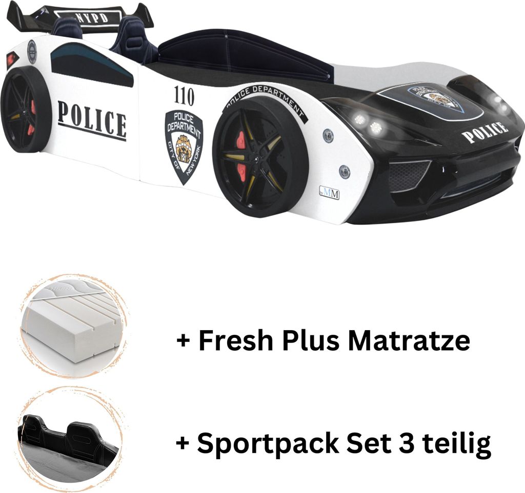 Autobett "Police"+Sportsitze Spielbett 90x200+Lattenrost+Fresh Matratze