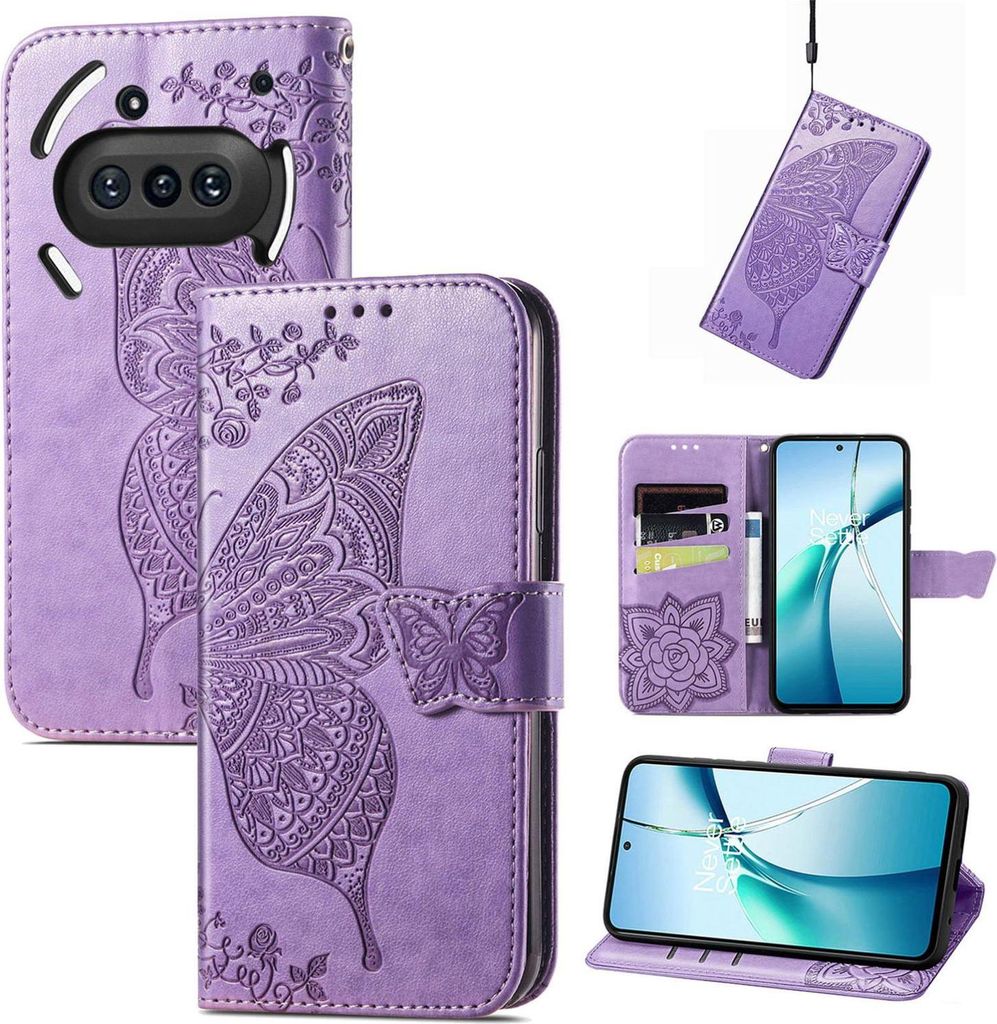Für Nothing Phone 3a Kunstleder Wallet Handy Tasche Schmetterling Design Hülle Etuis Hell-Lila
