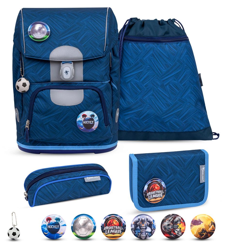 Belmil Motion ergonomisches Schulranzen Set 5-teilig "Blue Motion" aus recyceltem Material mit Brustgurt, Hüftgurt, Magnetverschluss, Patch Set 6 ...