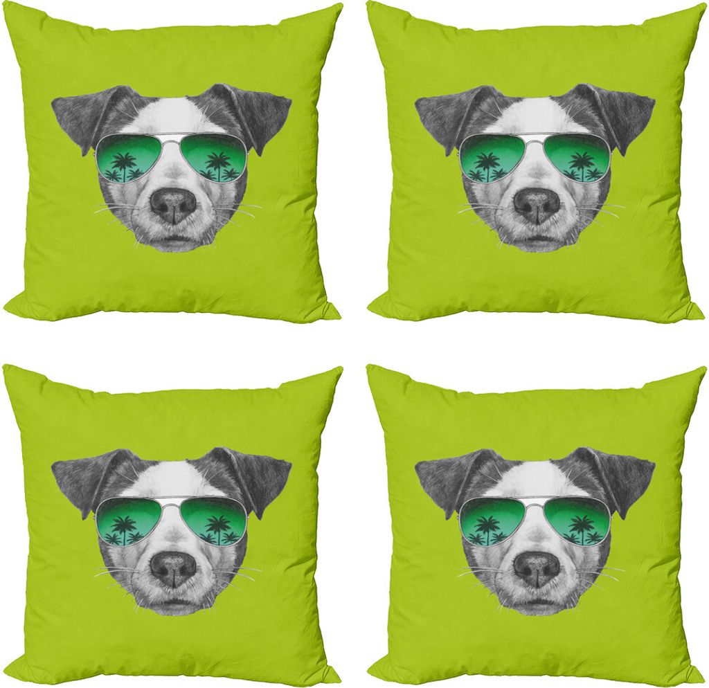 ABAKUHAUS Jack Russell Kissenbezug Set (4 Stück), Hund mit Brille Baum, Moderner Doppelseitiger Digitaldruck, 60 cm x 60 cm, Grau Grün