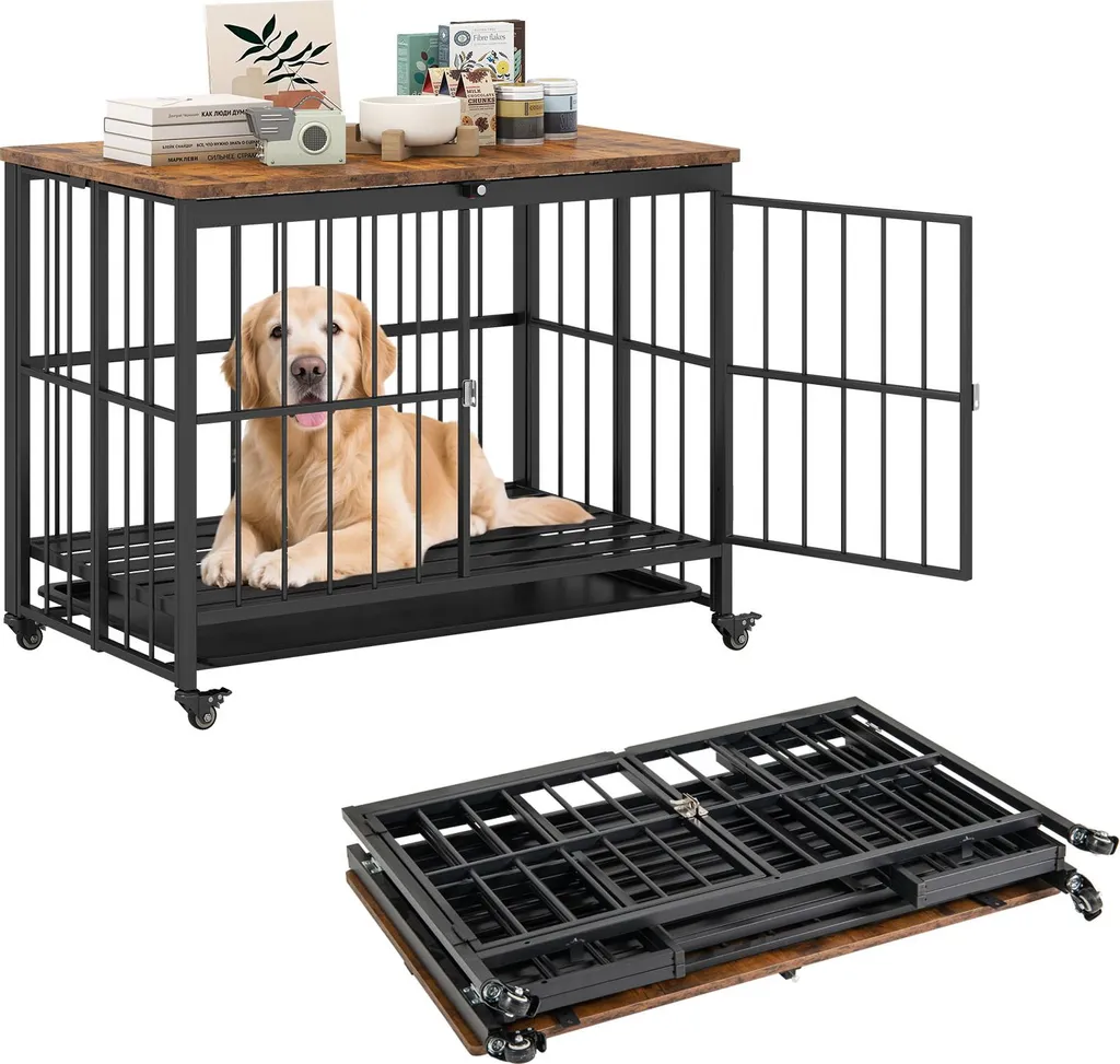 Costway Gabbia per Cani 2 in 1: Tavolino e Cuccia con Ruote 97x64x75 cm