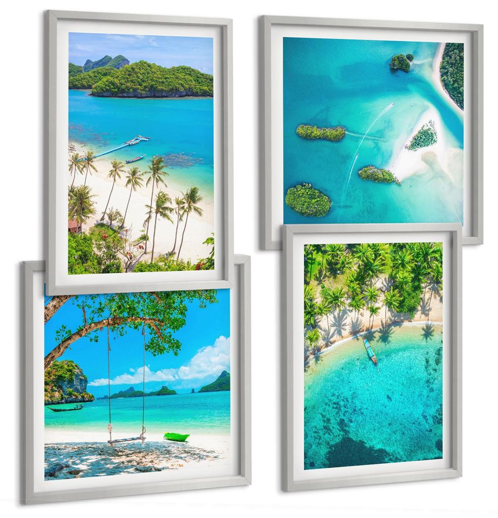Bilder Set 4-teilig im silbergerahmten Rahmen – Wandbilder 4 Stück – gerahmte Poster für Wohnzimmer, Schlafzimmer und Flur – 50x50 cm - 40x...
