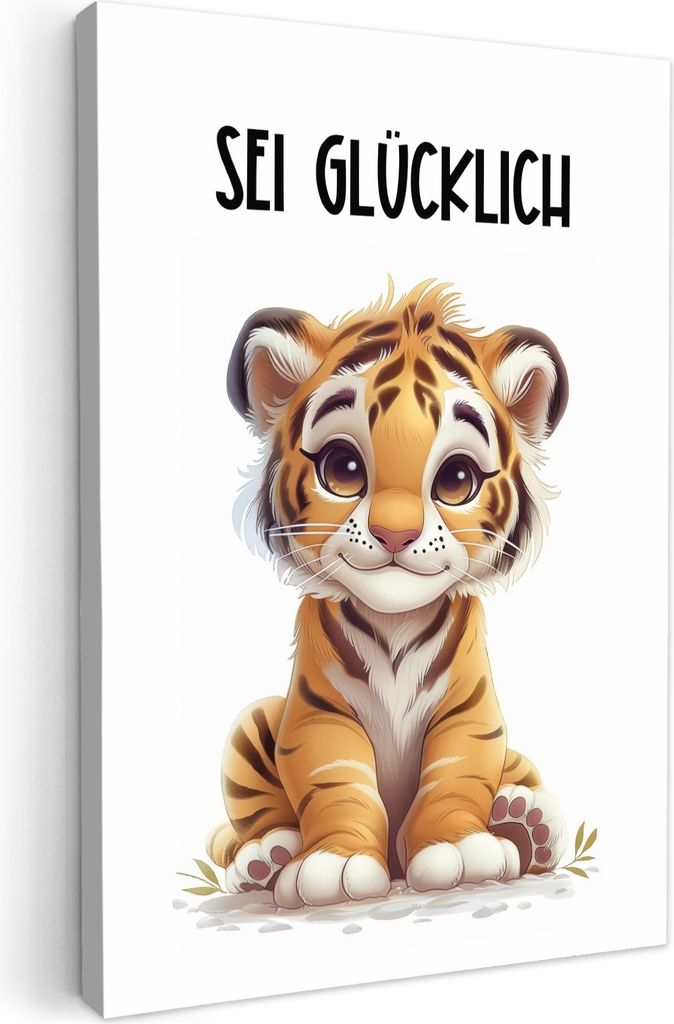 MuchoWow - Leinwandbilder - Tiger - Glücklich sein - Zitat - Tier, Wandbild, Wanddeko Bilder Wohnzimmer, 60x90 cm
