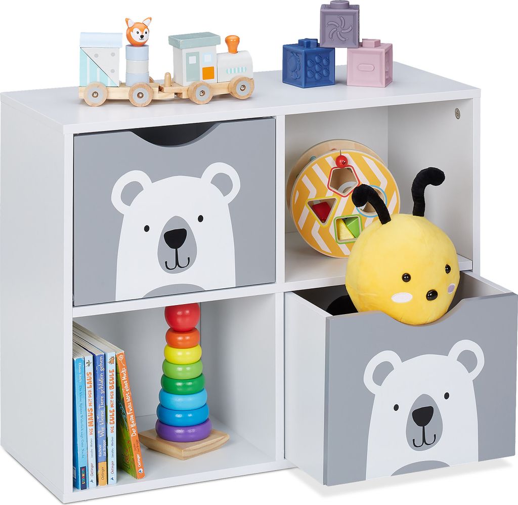 Dětský regál MIŠ na hračky a knihy se šedými boxy – Obrázek produktu 