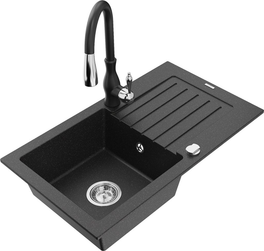 Mexen Pablo 1 Becken-Granitspüle mit Abtropffläche und Mischbatterie Savita, Schwarz/Silbermetallic - 6510-73-672601-70