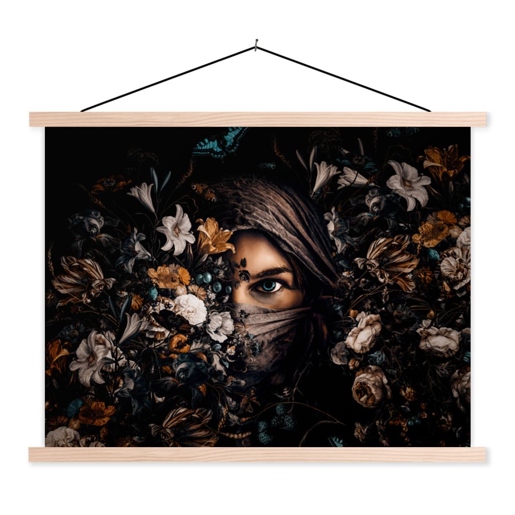 MuchoWow Textilposter Frau - Luxus - Blumen - Schmetterling - Porträt 60x45 cm mit holzfarbenen Rahmen - Bild