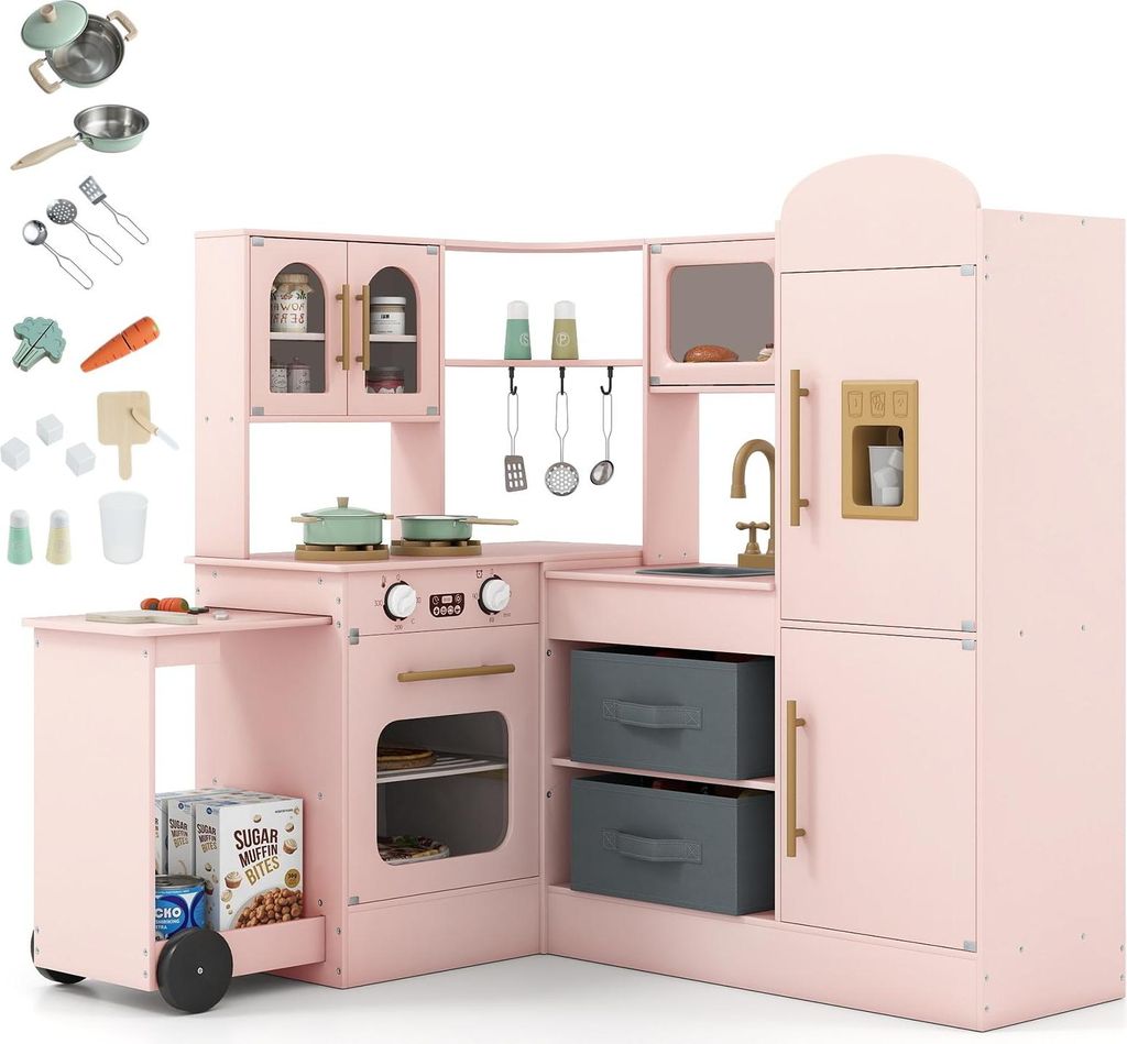 GOPLUS Kinderküche, Spielküche mit Licht & Sound, ausziehbarem Wagen, Stoffkörben, Kühlschrank, Zubehör, Spielzeugküche für Kinder ab 3 Jahr...