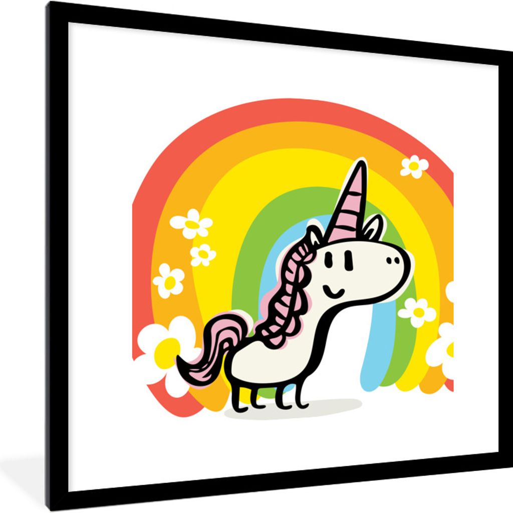 MuchoWow Gerahmtes Poster Eine Illustration eines Einhorns mit einem Regenbogen - Mädchen - Kinder - Kinder 40x40 cm - Poster mit Schwarzem Bild...